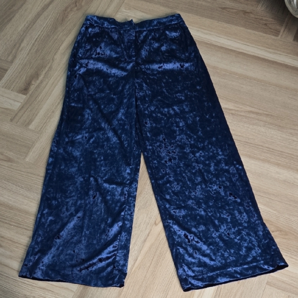 CYNTHIA ROWLEY Crushed Velvet Wide-Leg Pants in Deep Blue Size 8